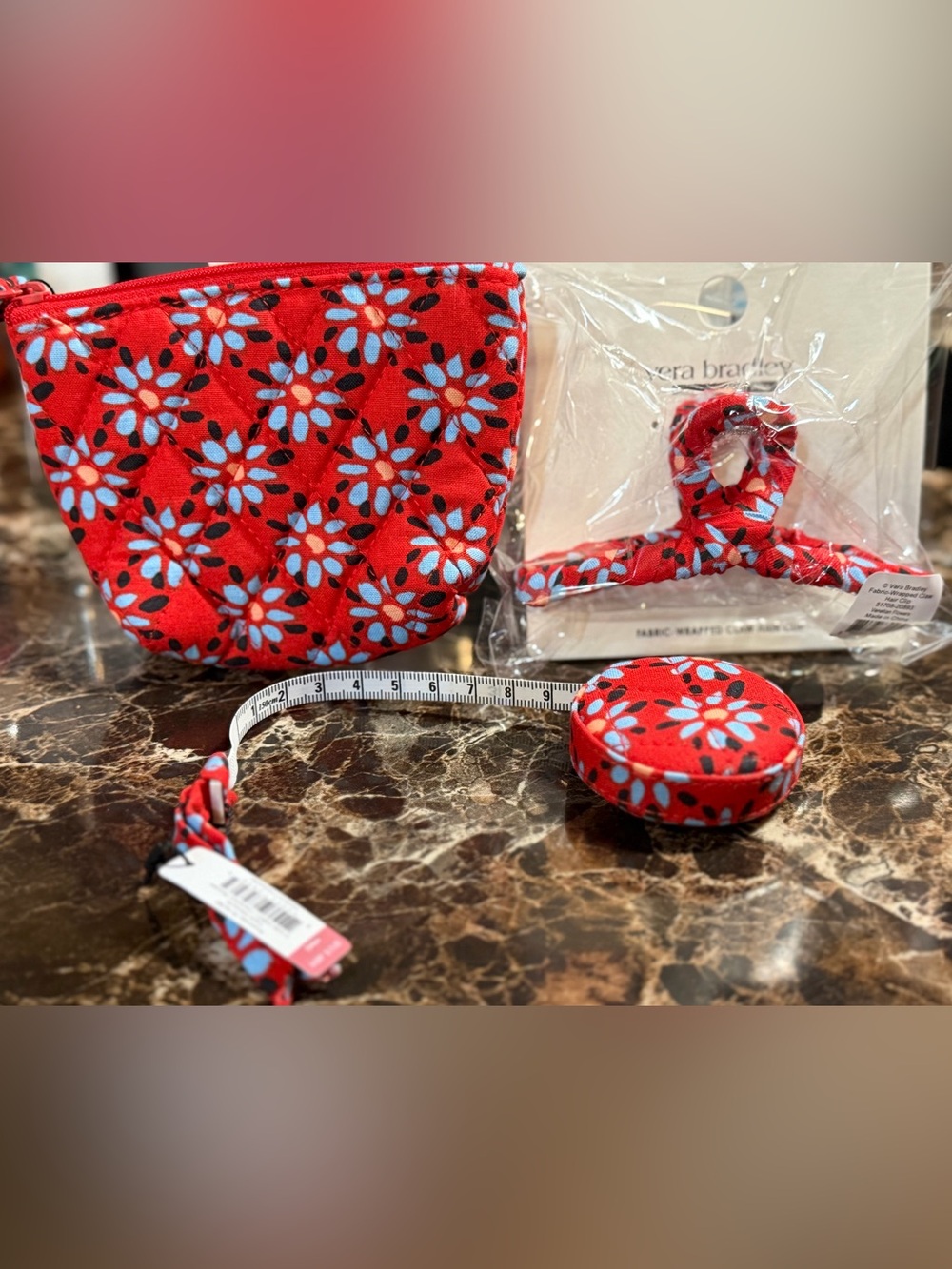 Vera Bradley Venetian Flowers Bundle! (Tape Measure, Hair Clip, & Zip-Top Pouch)